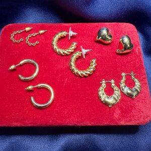 Gold Earrings, 5 Pairs, Gold Hoops & Hearts